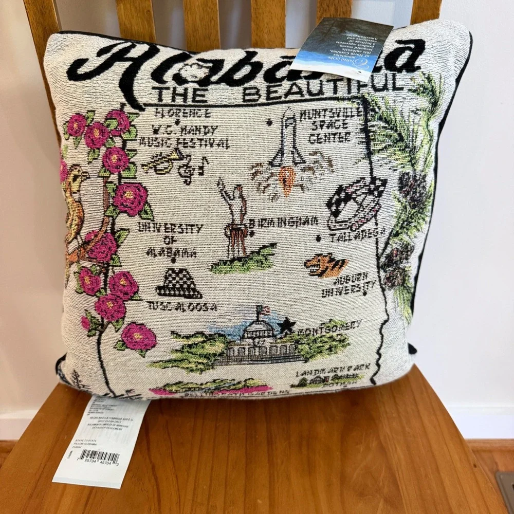 Alabama The Beautiful State Map Jacquard Woven Tapestry Pillow NWT Made in USA